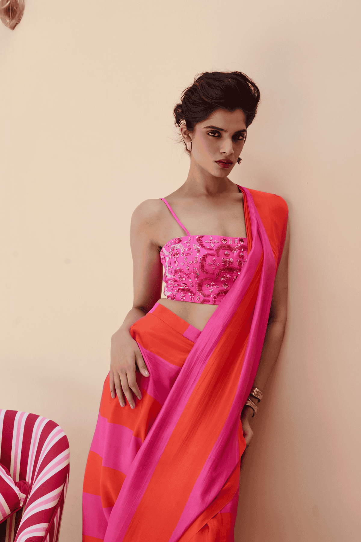 Archana Shah Pink Stripes Saree With Sequence Blouse indian designer wear online shopping melange singapore 