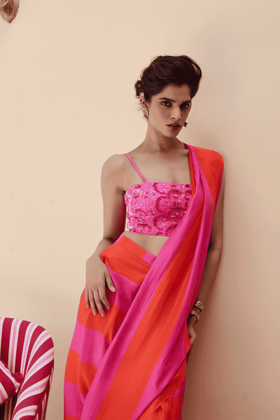 Archana Shah Pink Stripes Saree With Sequence Blouse indian designer wear online shopping melange singapore 