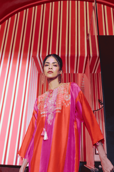 Archana Shah Pink Orange Stripes Golden Emb Yoke Kurta Set indian designer wear online shopping melange singapore 