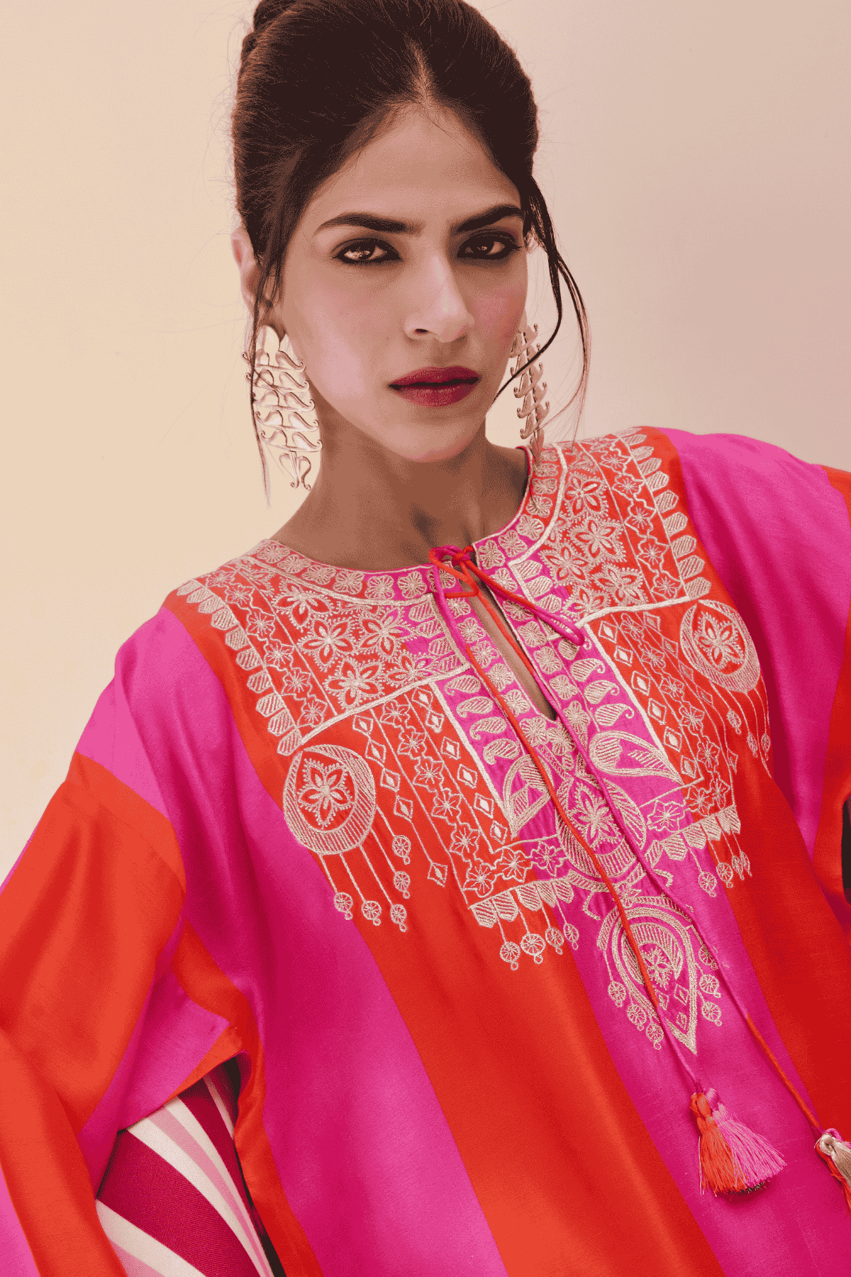 Archana Shah Pink Orange Stripes Golden Emb Yoke Kurta Set indian designer wear online shopping melange singapore 