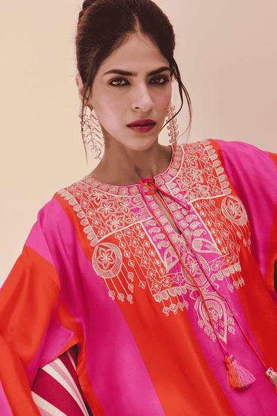 Archana Shah Pink Orange Stripes Golden Emb Yoke Kurta Set indian designer wear online shopping melange singapore 