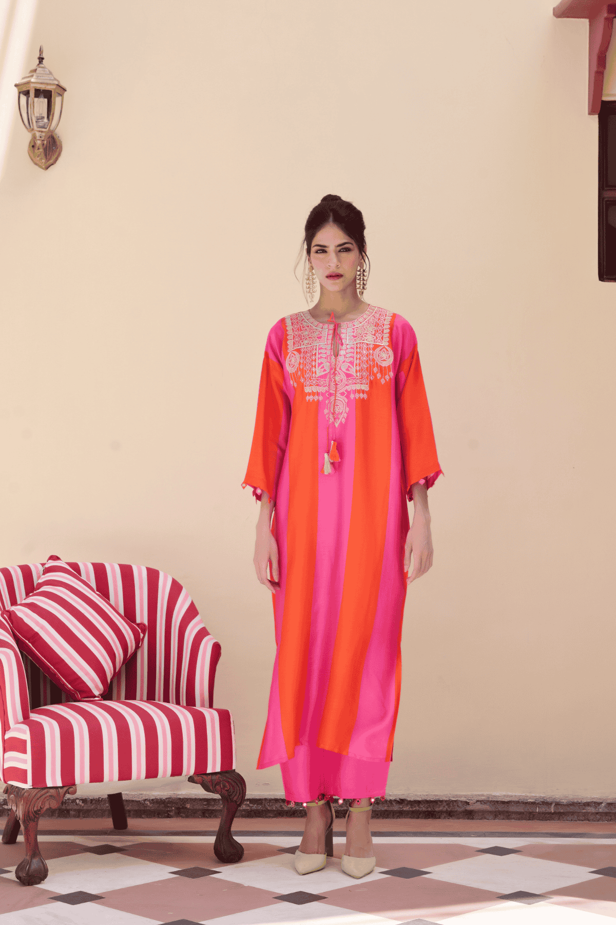 Archana Shah Pink Orange Stripes Golden Emb Yoke Kurta Set indian designer wear online shopping melange singapore 