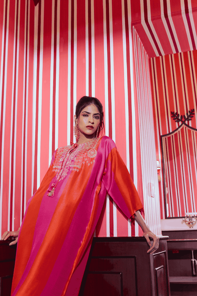 Archana Shah Pink Orange Stripes Golden Emb Yoke Kurta Set indian designer wear online shopping melange singapore 