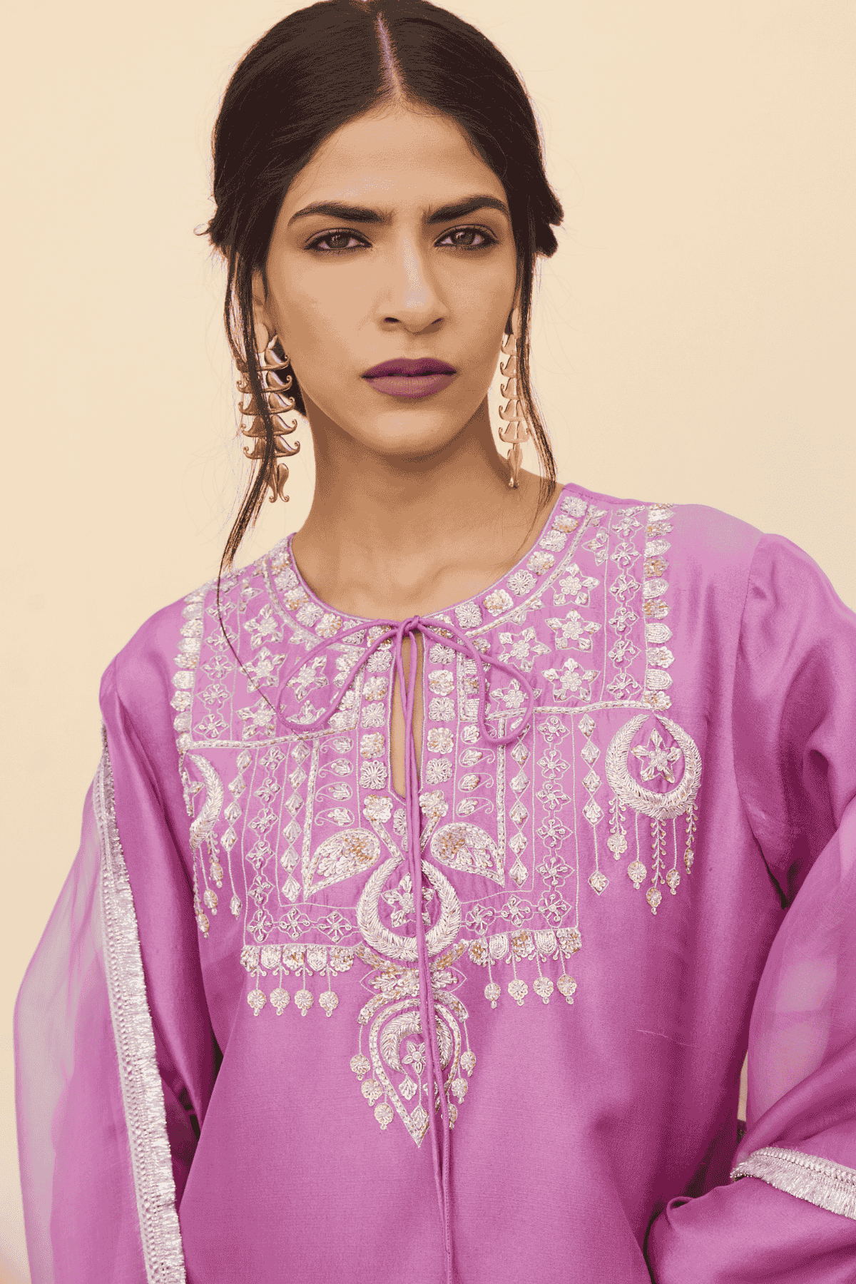 Archana Shah Purple Silk Zari Moon Yoke Kurta Set With Lace indian designer wear online shopping melange singapore 
