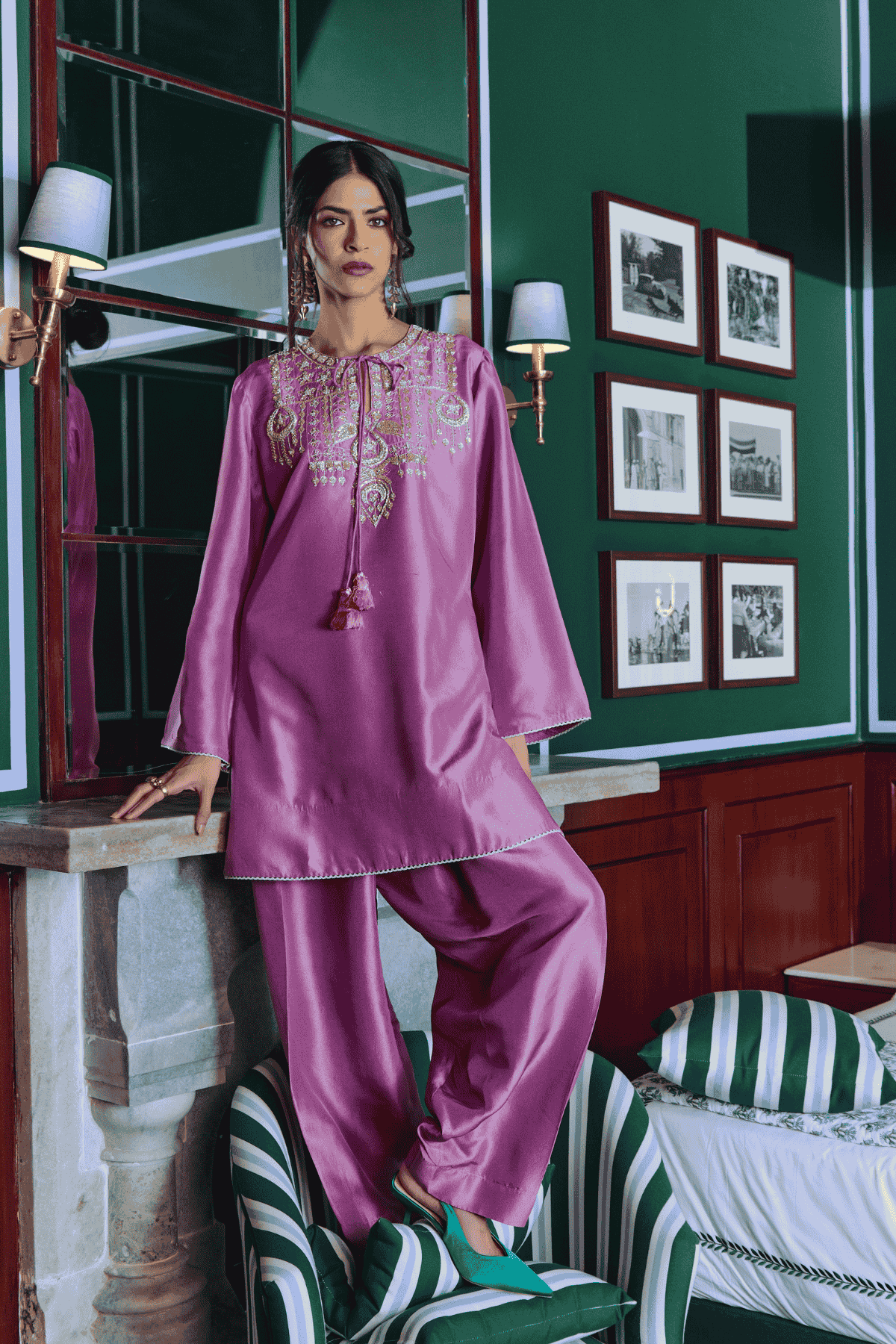 Archana Shah Purple Silk Zari Moon Yoke Kurta Set With Lace indian designer wear online shopping melange singapore 
