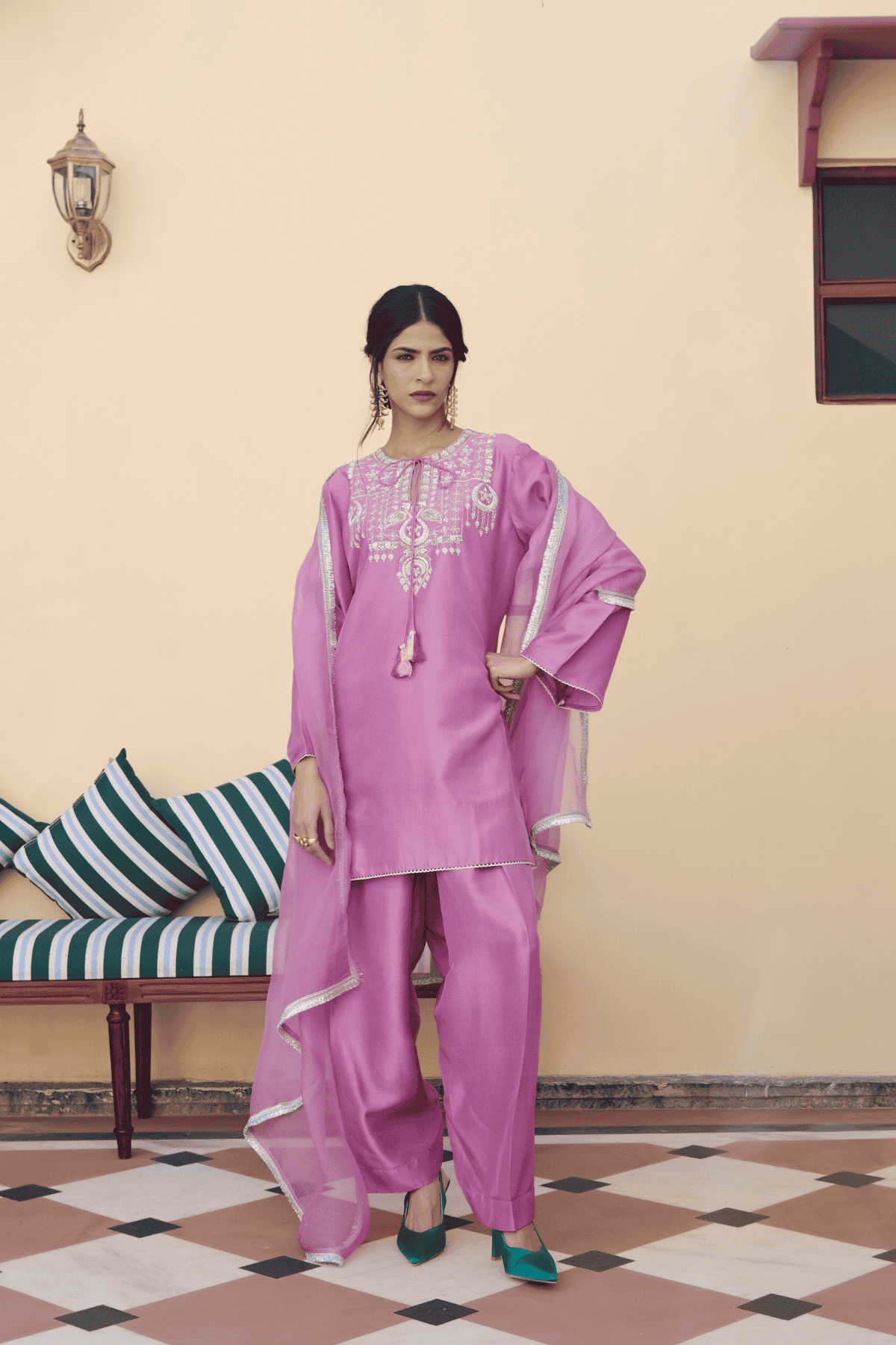 Archana Shah Purple Silk Zari Moon Yoke Kurta Set With Lace indian designer wear online shopping melange singapore 
