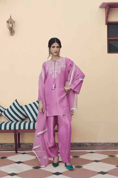 Archana Shah Purple Silk Zari Moon Yoke Kurta Set With Lace indian designer wear online shopping melange singapore 
