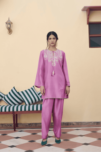 Archana Shah Purple Silk Zari Moon Yoke Kurta Set With Lace indian designer wear online shopping melange singapore 

