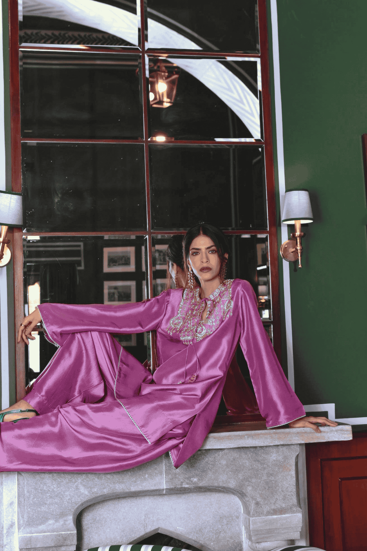 Purple Silk Zari Moon Yoke Kurta Set With Lace