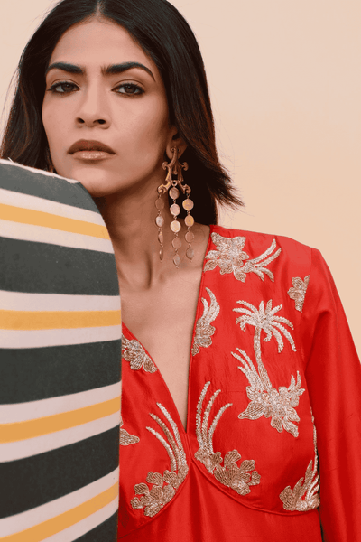 Archana Shah Red Silk Chest Gathers indian designer wear online shopping melange singapore 