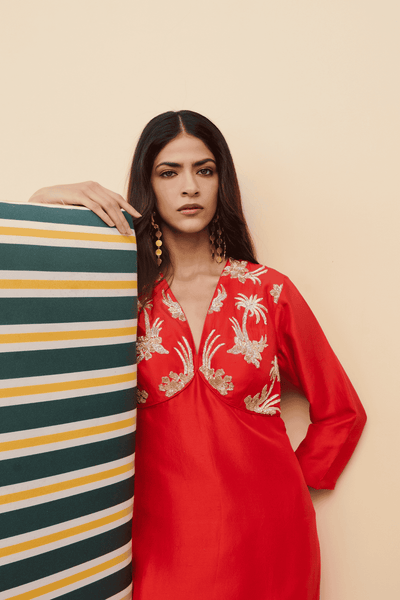 Archana Shah Red Silk Chest Gathers indian designer wear online shopping melange singapore 