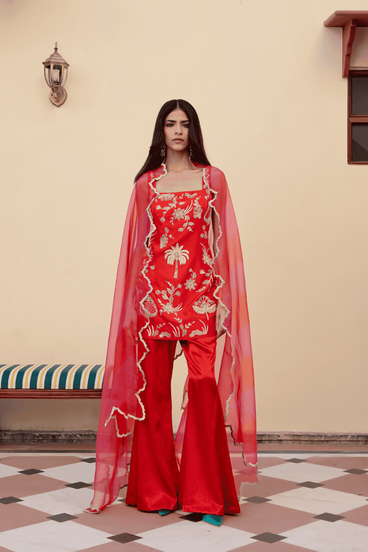 Archana Shah Red Sleeveless Zari Buta Palm Sharara Set indian designer wear online shopping melange singapore 