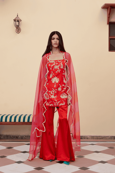Archana Shah Red Sleeveless Zari Buta Palm Sharara Set indian designer wear online shopping melange singapore 