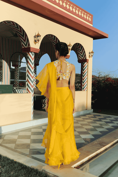 Archana Shah Yellow Organza Saree With Buster Style Blouse indian designer wear online shopping melange singapore 