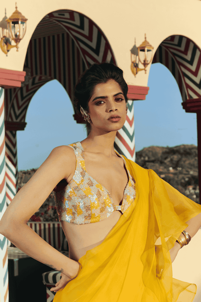 Archana Shah Yellow Organza Saree With Buster Style Blouse indian designer wear online shopping melange singapore 