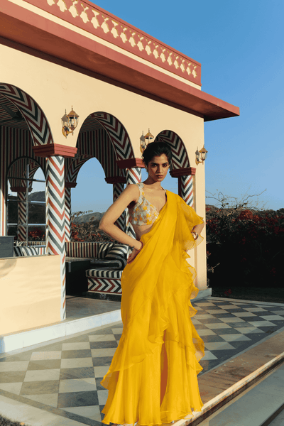 Archana Shah Yellow Organza Saree With Buster Style Blouse indian designer wear online shopping melange singapore 