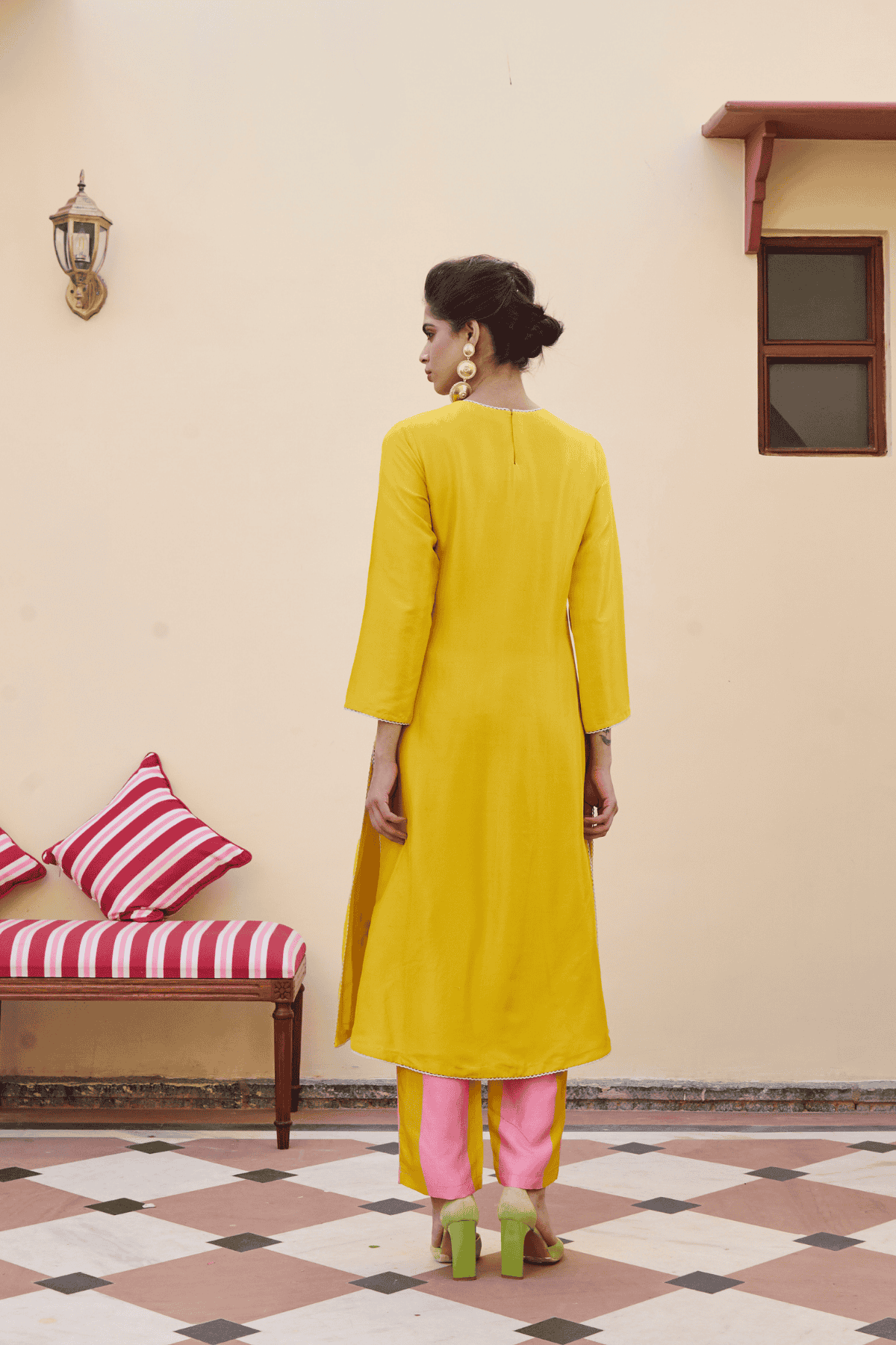Archana Shah Yellow Silk Flower Buta Kurta Set With Stripes Pant indian designer wear online shopping melange singapore 