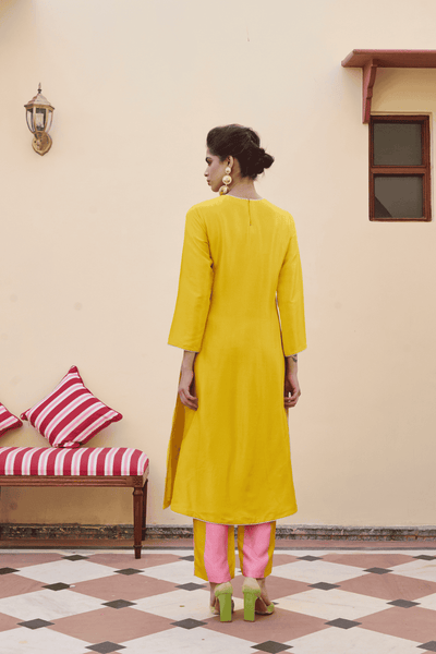 Archana Shah Yellow Silk Flower Buta Kurta Set With Stripes Pant indian designer wear online shopping melange singapore 