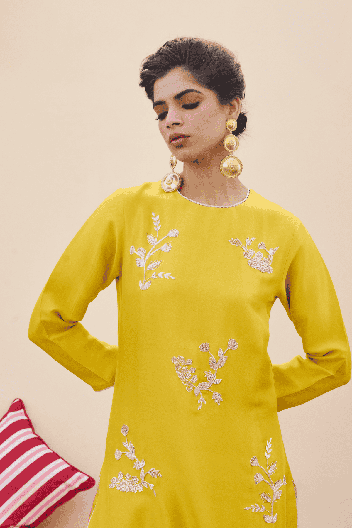 Archana Shah Yellow Silk Flower Buta Kurta Set With Stripes Pant indian designer wear online shopping melange singapore 