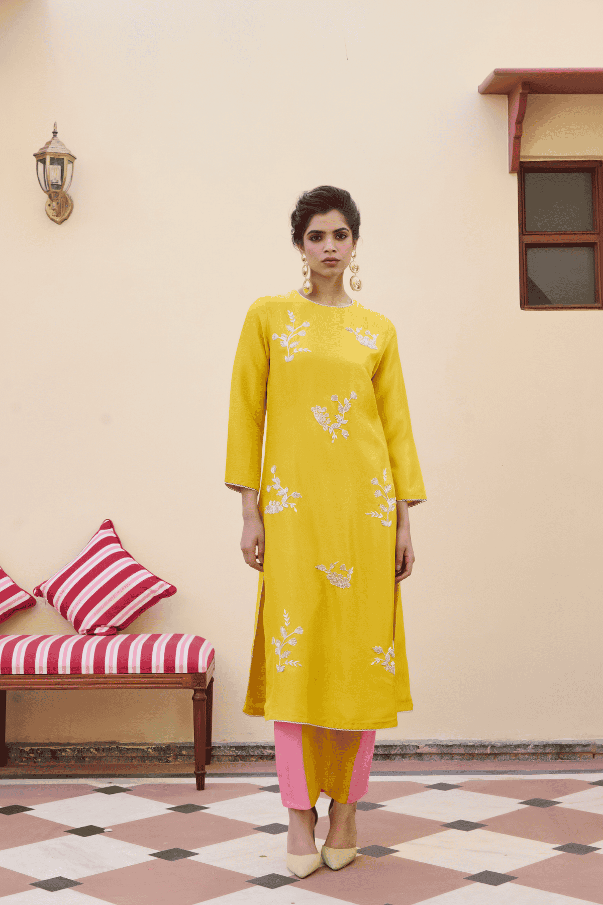 Archana Shah Yellow Silk Flower Buta Kurta Set With Stripes Pant indian designer wear online shopping melange singapore 