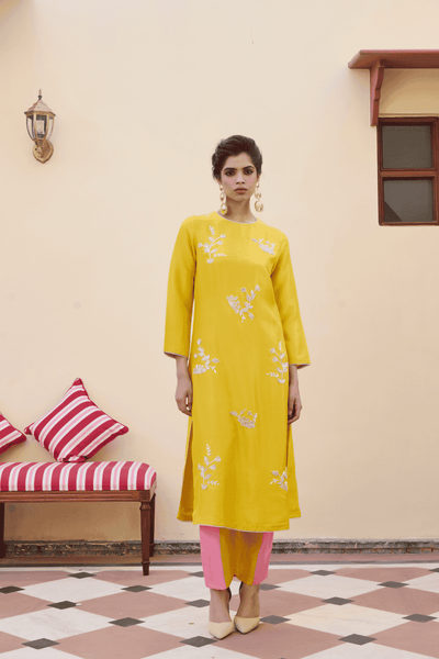 Archana Shah Yellow Silk Flower Buta Kurta Set With Stripes Pant indian designer wear online shopping melange singapore 