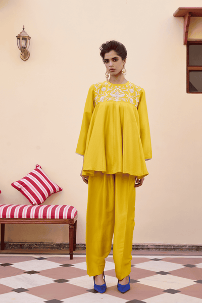 Archana Shah Yellow Silk Peplum Sharara indian designer wear online shopping melange singapore
