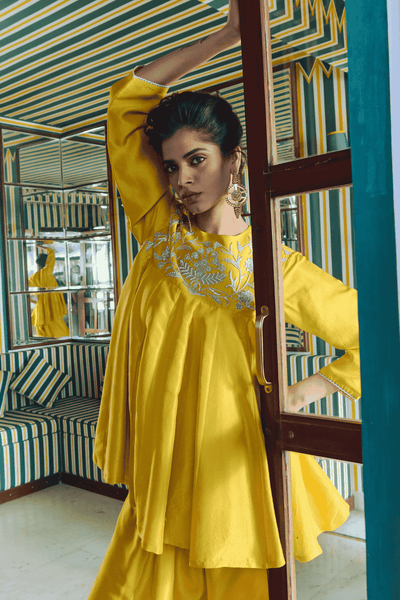 Archana Shah Yellow Silk Peplum Sharara indian designer wear online shopping melange singapore