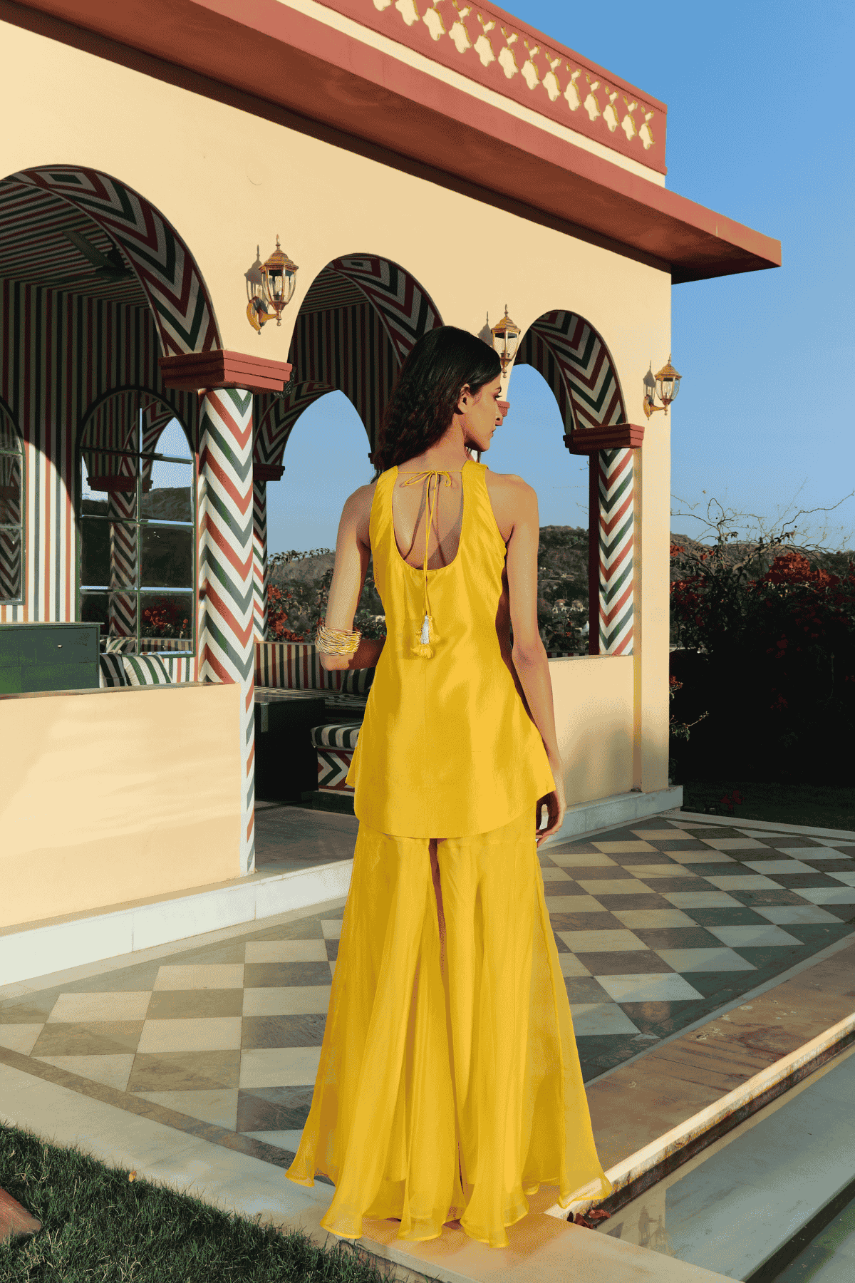 Archana Shah Yellow silk sequence top with organza flared pants indian designer wear online shopping melange singapore 