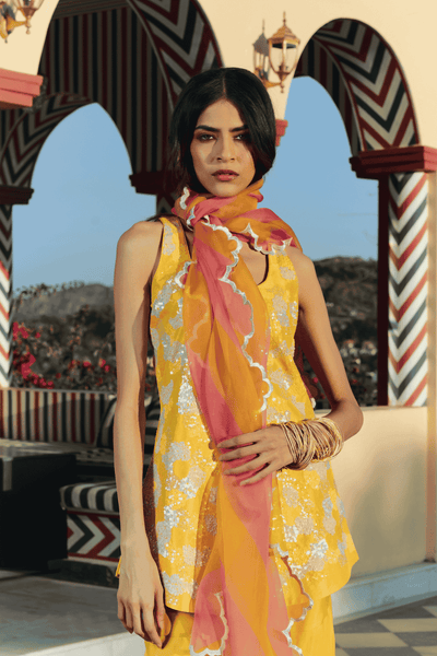 Archana Shah Yellow silk sequence top with organza flared pants indian designer wear online shopping melange singapore 