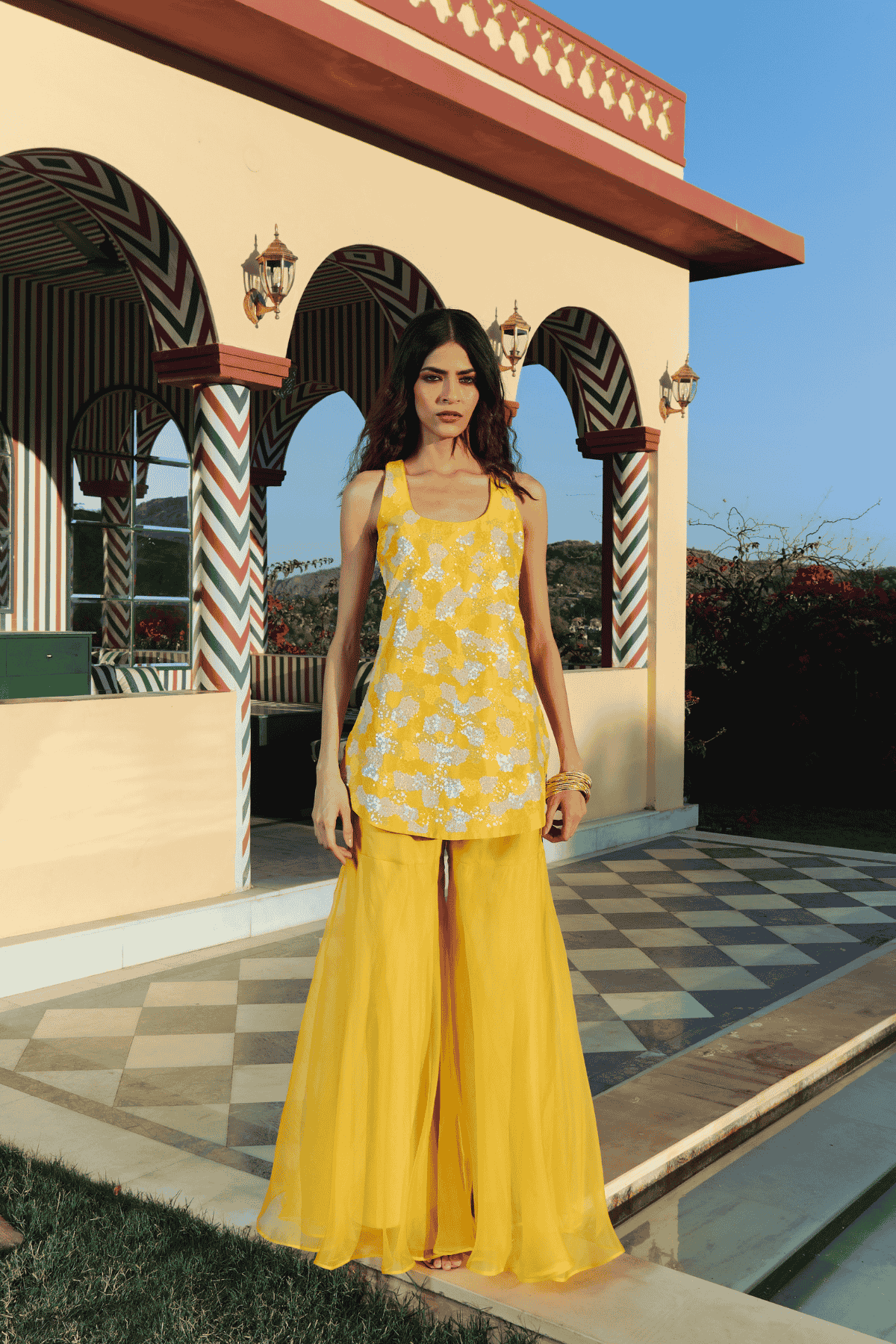 Archana Shah Yellow silk sequence top with organza flared pants indian designer wear online shopping melange singapore 