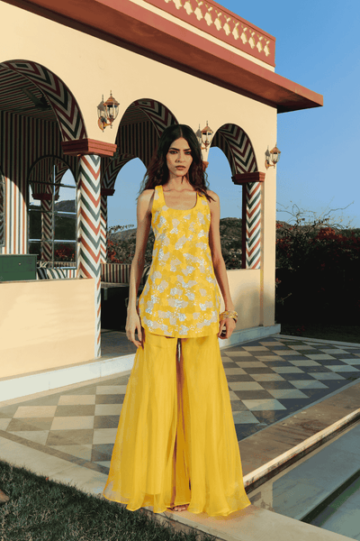 Archana Shah Yellow silk sequence top with organza flared pants indian designer wear online shopping melange singapore 