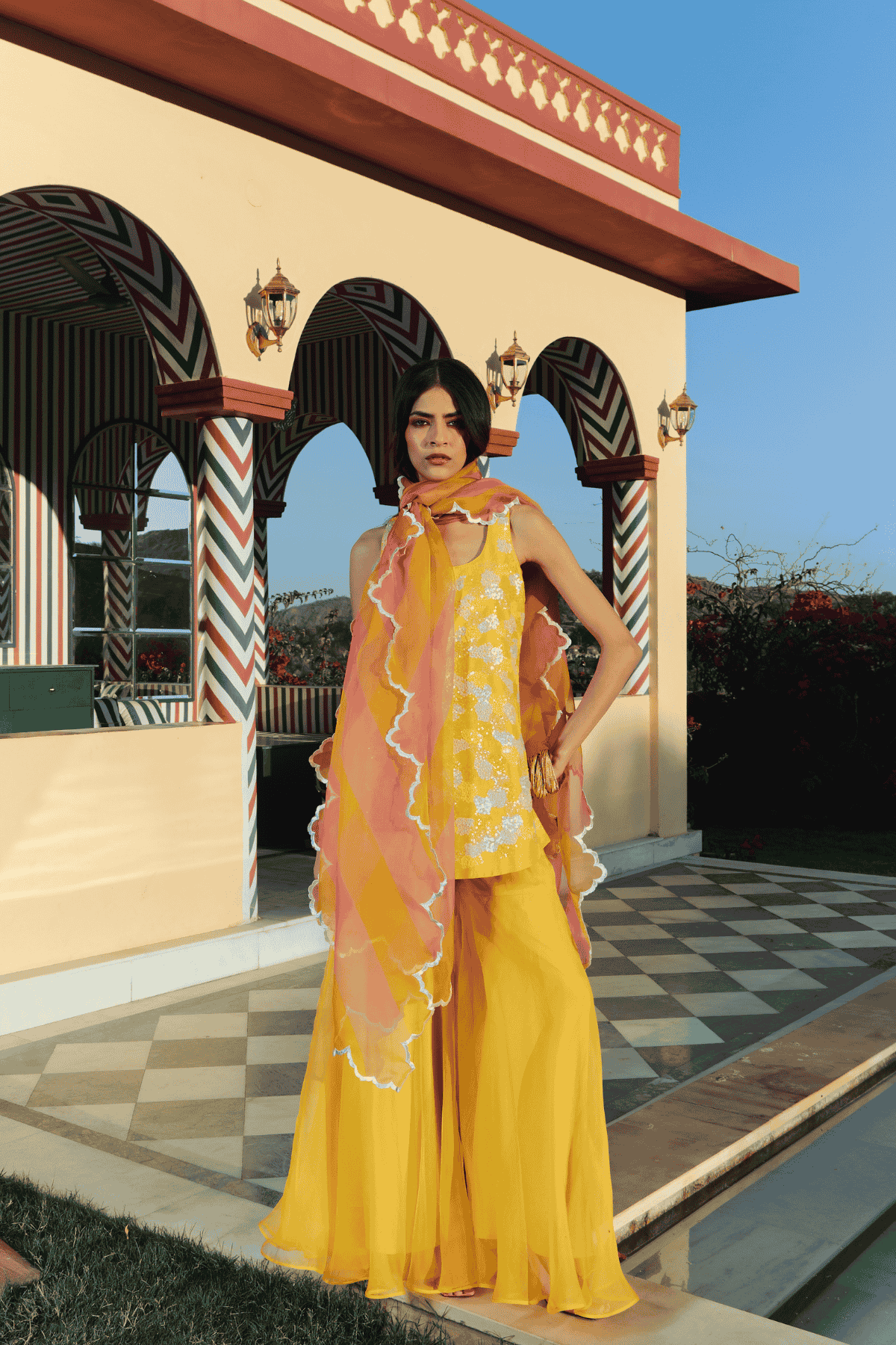 Archana Shah Yellow silk sequence top with organza flared pants indian designer wear online shopping melange singapore 