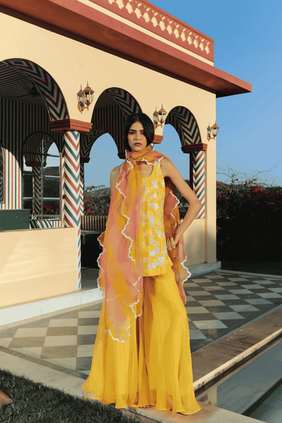 Archana Shah Yellow silk sequence top with organza flared pants indian designer wear online shopping melange singapore 