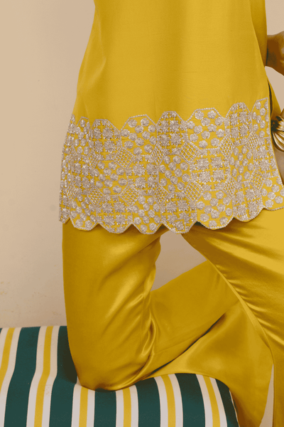 Archana Shah Yellow Silk Zari Hem Kurta Set indian designer wear online shopping melange singapore 