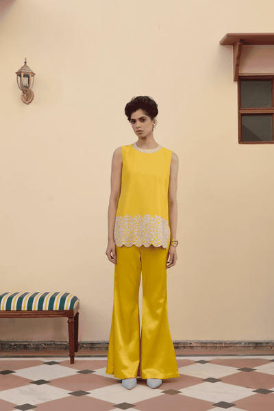 Archana Shah Yellow Silk Zari Hem Kurta Set indian designer wear online shopping melange singapore 