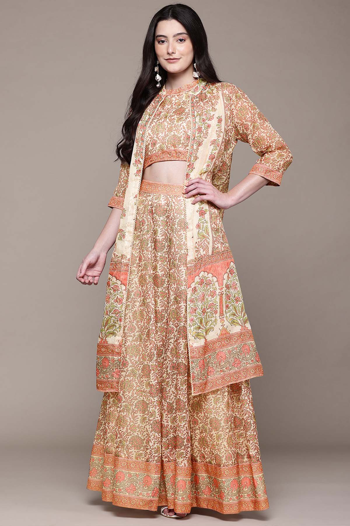 Aarke Ritu Kumar Beige Shobhika Crop Top With Skirt And Cape indian designer wear online shopping melange singapore 