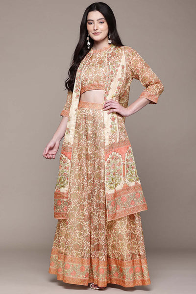 Aarke Ritu Kumar Beige Shobhika Crop Top With Skirt And Cape indian designer wear online shopping melange singapore 
