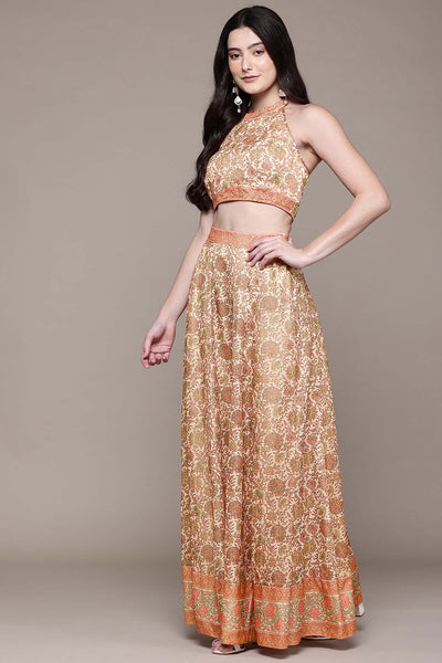 Aarke Ritu Kumar Beige Shobhika Crop Top With Skirt And Cape indian designer wear online shopping melange singapore 