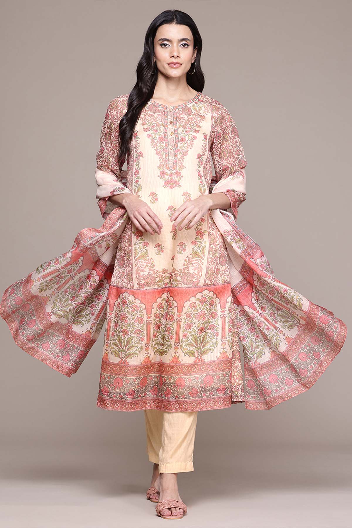 Aarke Ritu Kumar Beige Shobhika Kurta With Pant And Dupatta indian designer wear online shopping melange singapore 