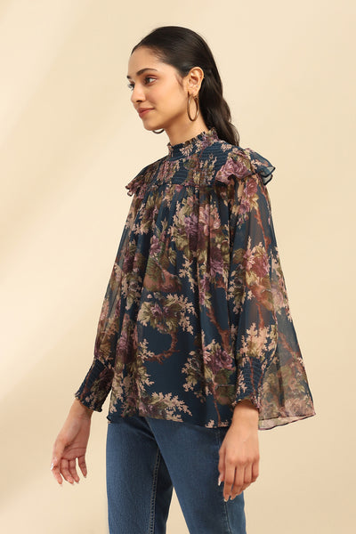 Aarke Ritu Kumar Blue Amie Peasant Top With Camisole indian designer wear online shopping melange singapore
