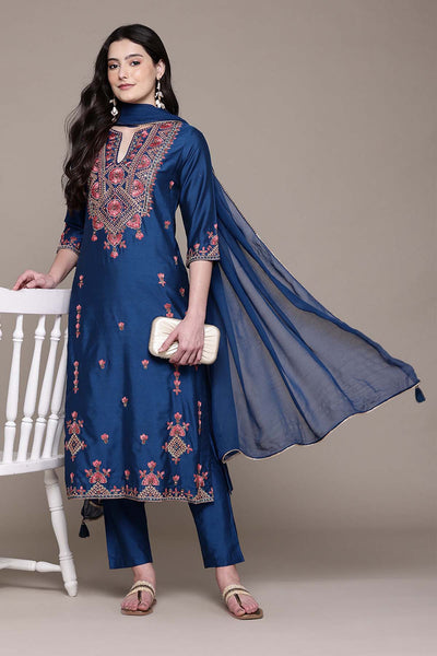 Aarke Ritu Kumar Blue Sandro Solid Kurta With Pant And Dupatta indian designer wear online shopping melange singapore 
