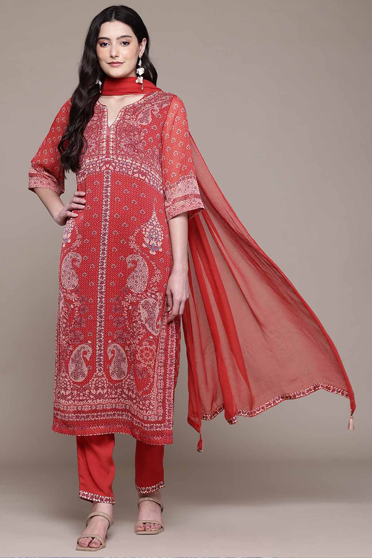 Aarke Ritu Kumar Brick Red Zaira Kurta With Pant And Dupatta indian designer wear online shopping melange singapore 