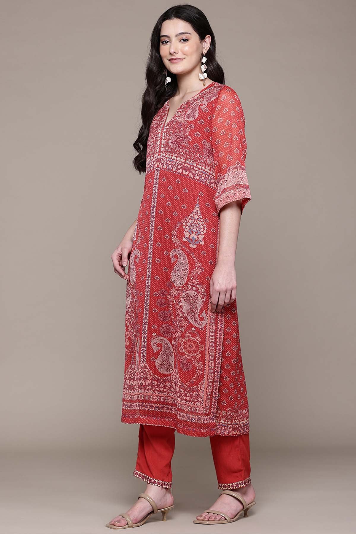 Aarke Ritu Kumar Brick Red Zaira Kurta With Pant And Dupatta indian designer wear online shopping melange singapore 