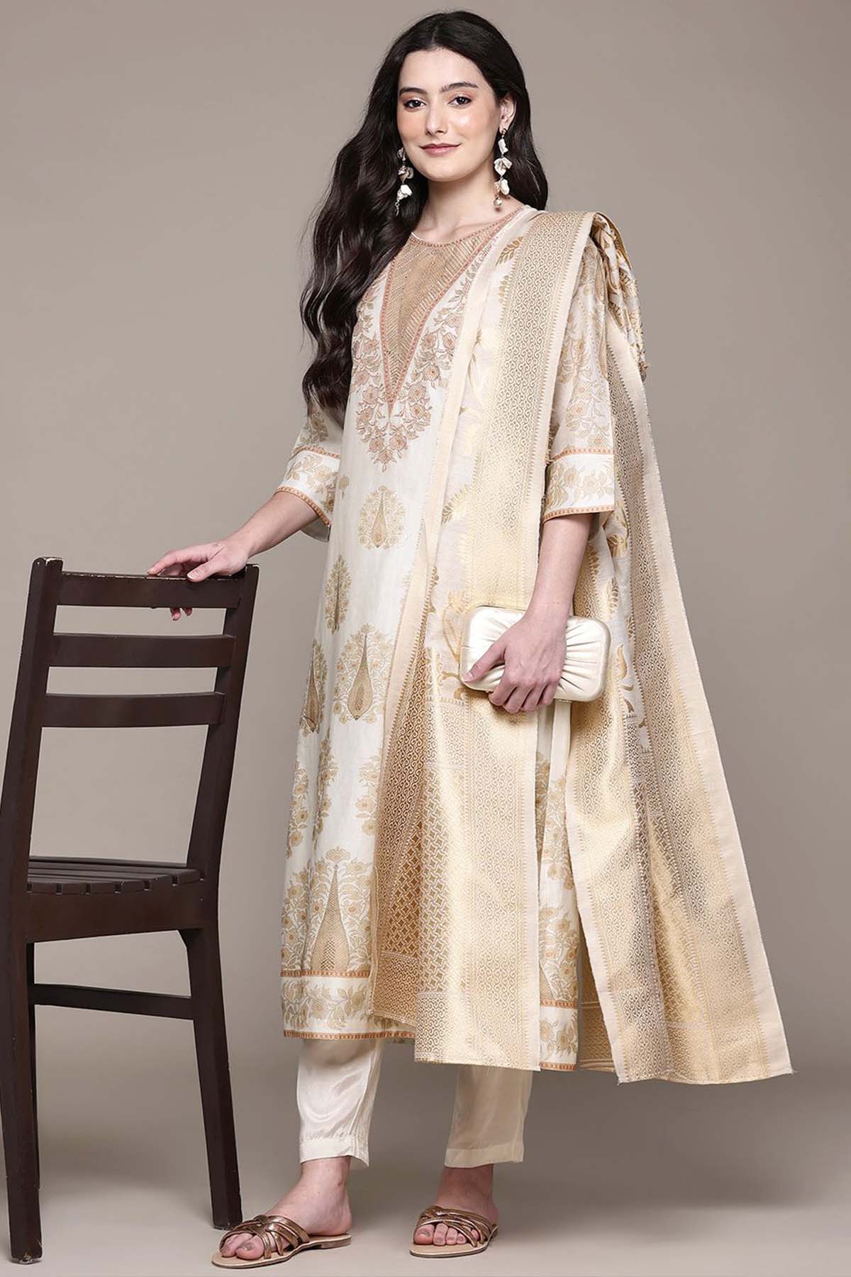 Aarke Ritu Kumar Off White Ashokaa Kurta With Pant And Dupatta indian designer wear online shopping melange singapore 