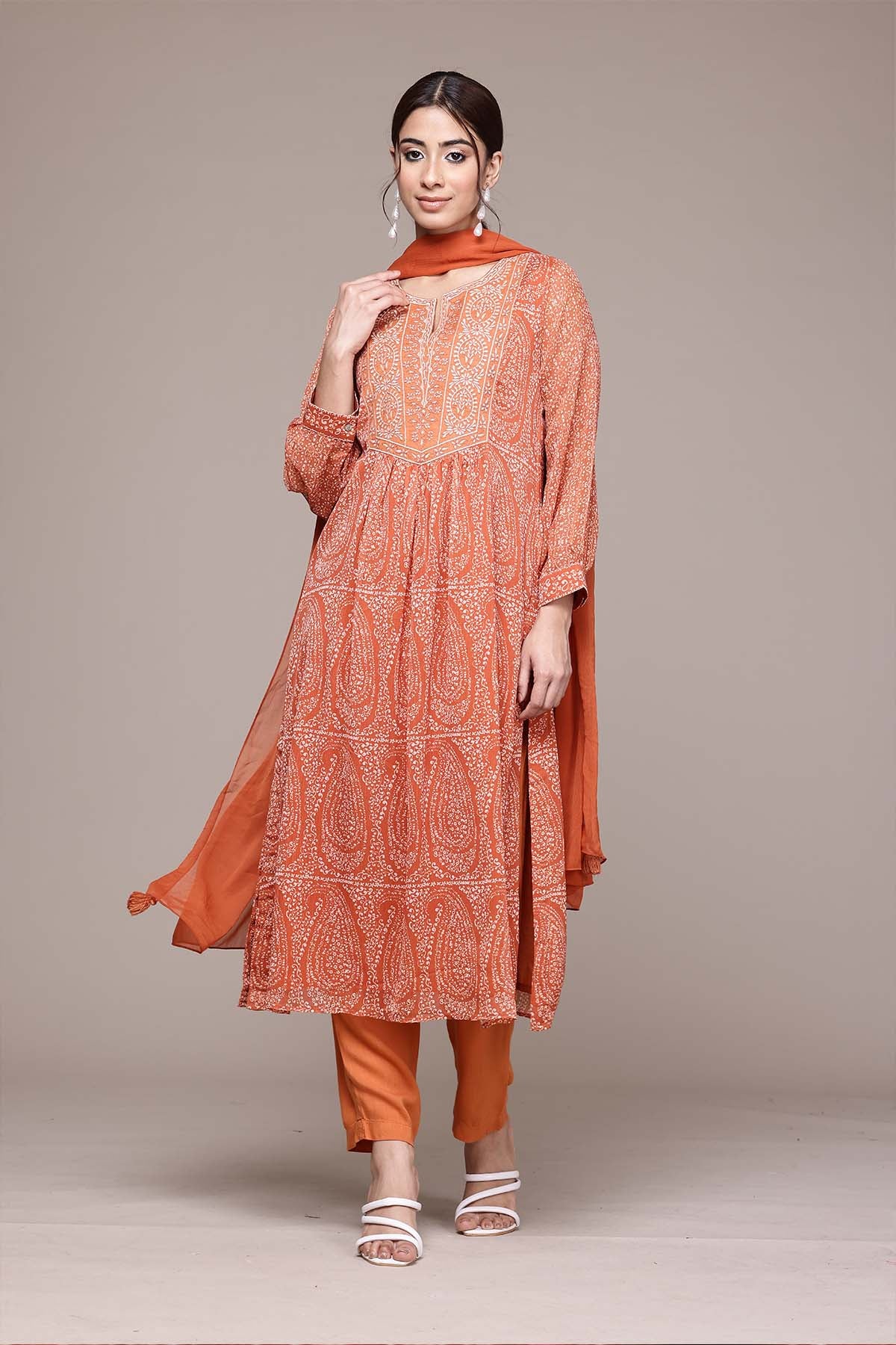 Aarke Ritu Kumar Rust Ashfi Kurti With Pant And Dupatta indian designer wear online shopping melange singapore 