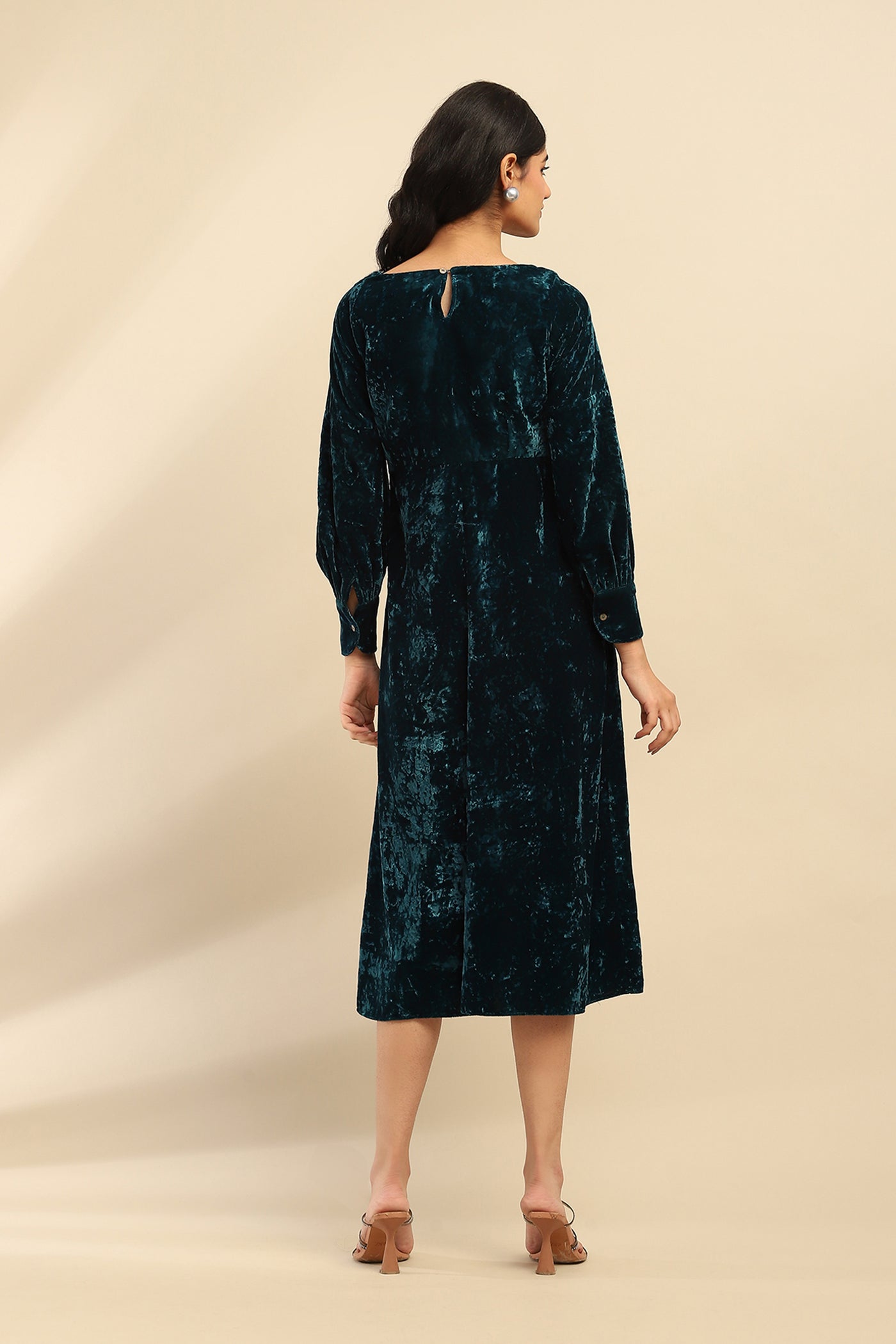 Aarke Ritu Kumar Teal Inara Velvet Midi Dress indian designer wear online shopping melange singapore