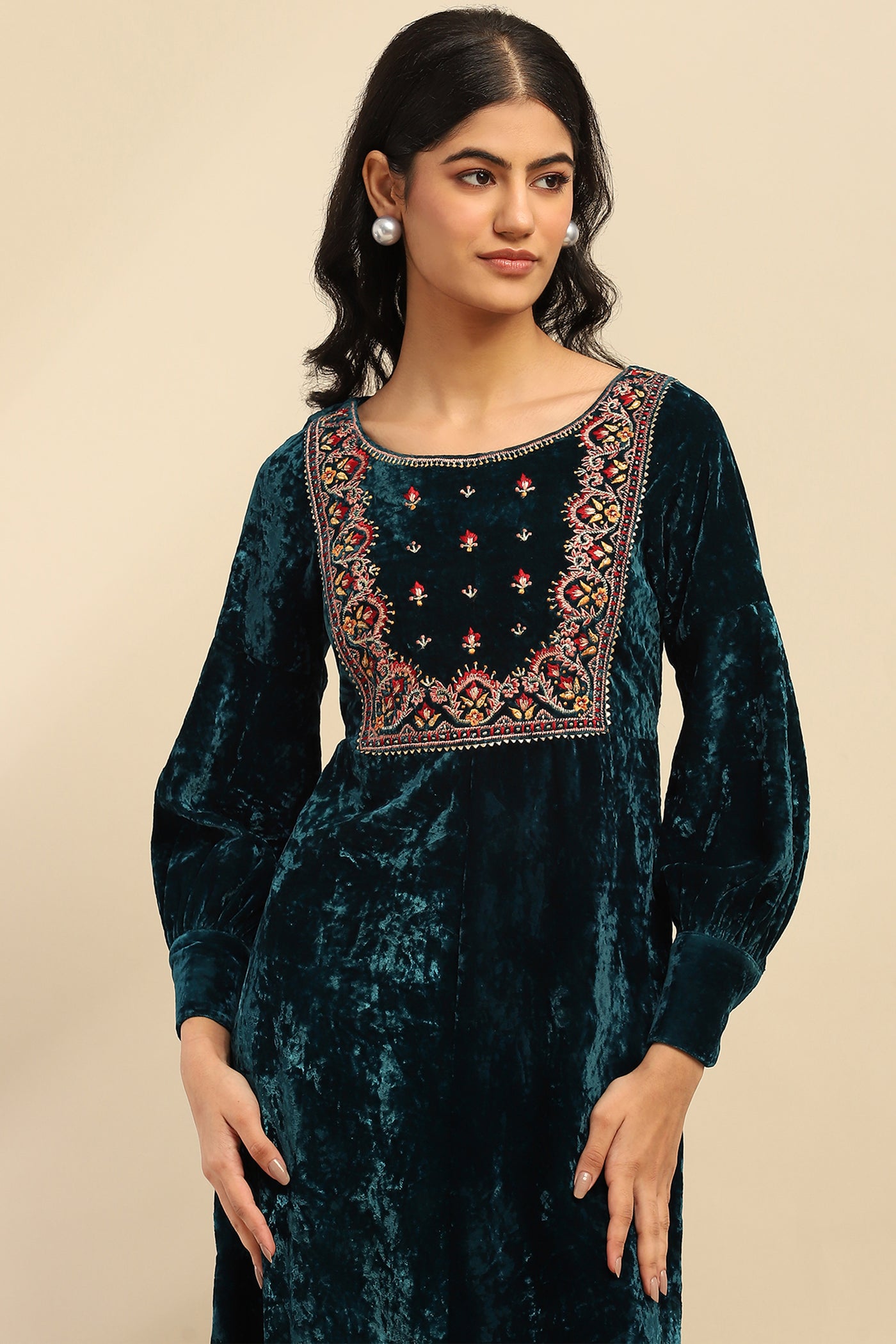 Aarke Ritu Kumar Teal Inara Velvet Midi Dress indian designer wear online shopping melange singapore