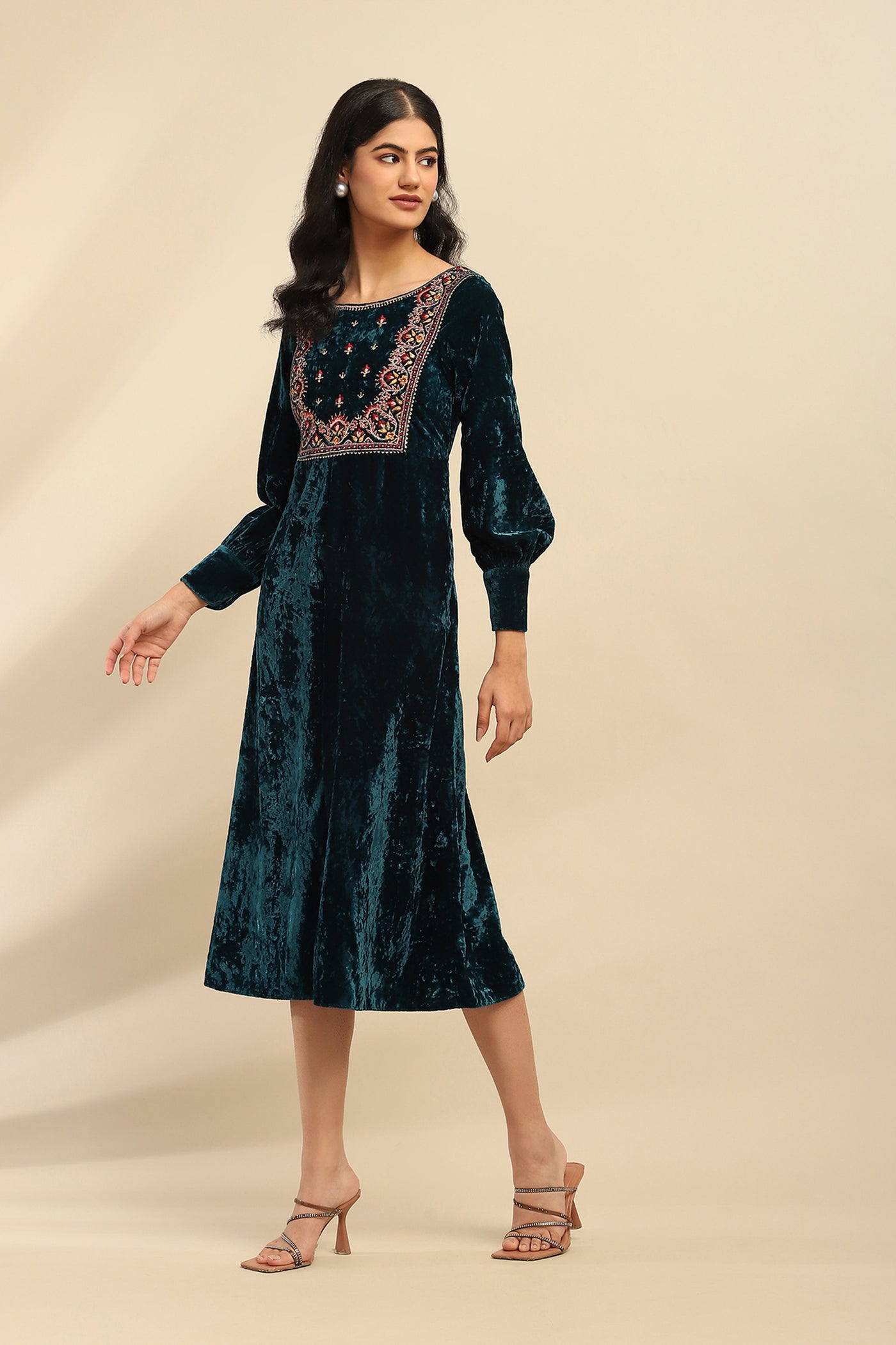 Aarke Ritu Kumar Teal Inara Velvet Midi Dress indian designer wear online shopping melange singapore