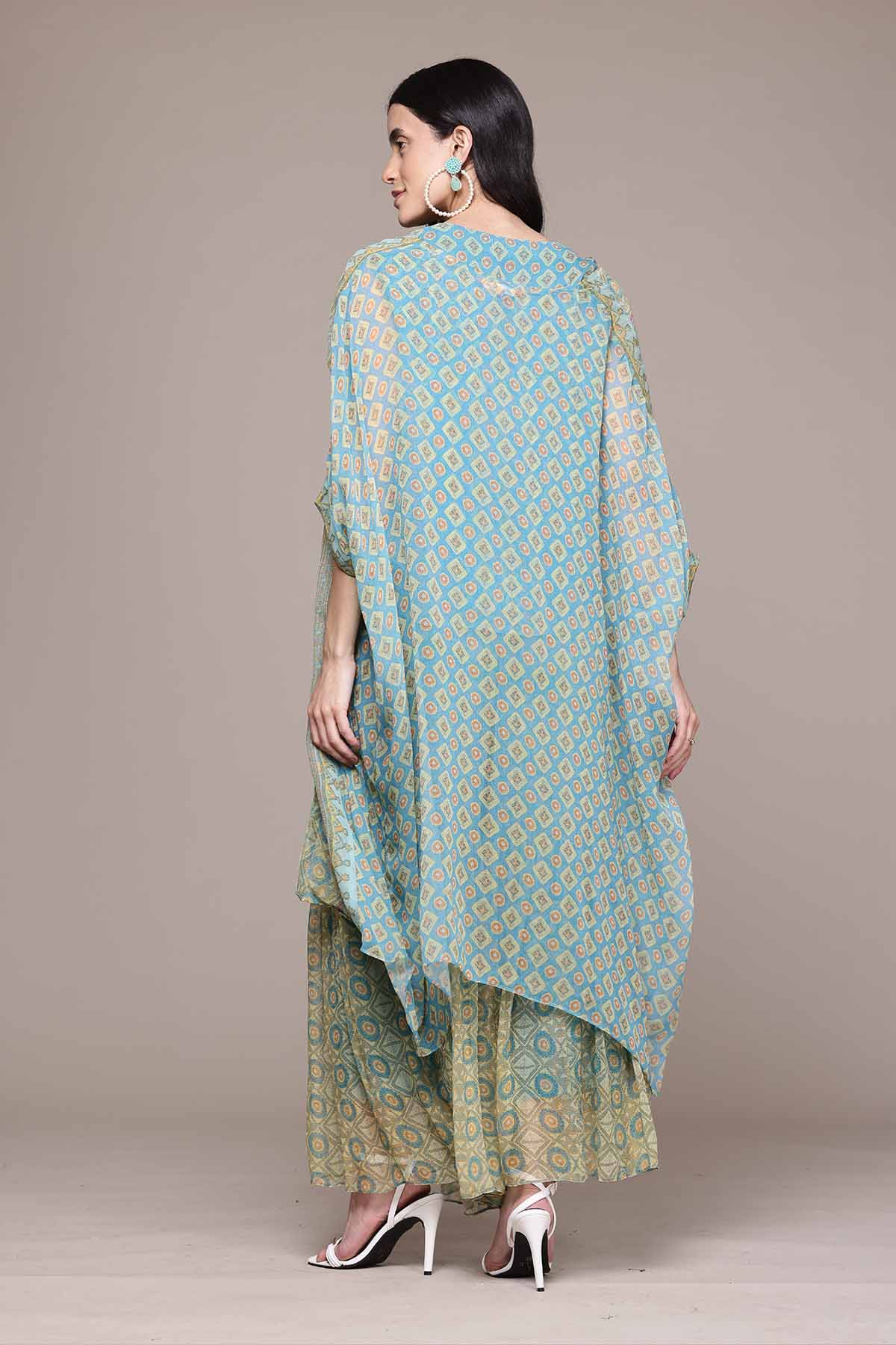 Aarke Ritu Kumar Turquoise Khanak Cape And Top With Sharara indian designer wear online shopping melange singapore 
