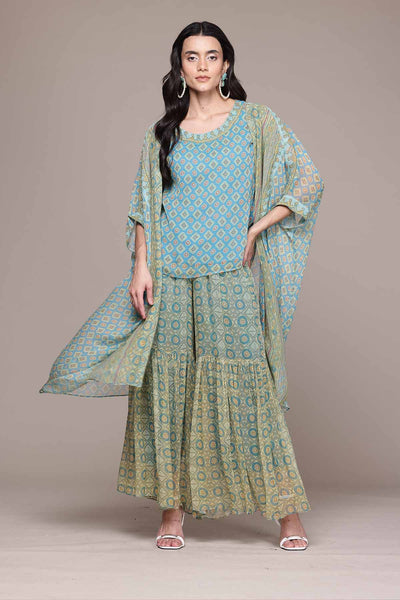 Aarke Ritu Kumar Turquoise Khanak Cape And Top With Sharara indian designer wear online shopping melange singapore 
